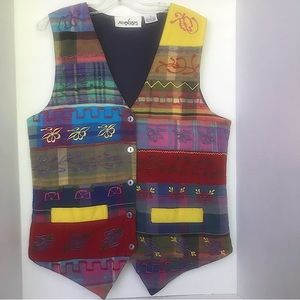 No Excuses multicolored vintage vest with embroidered designs & metal buttons.